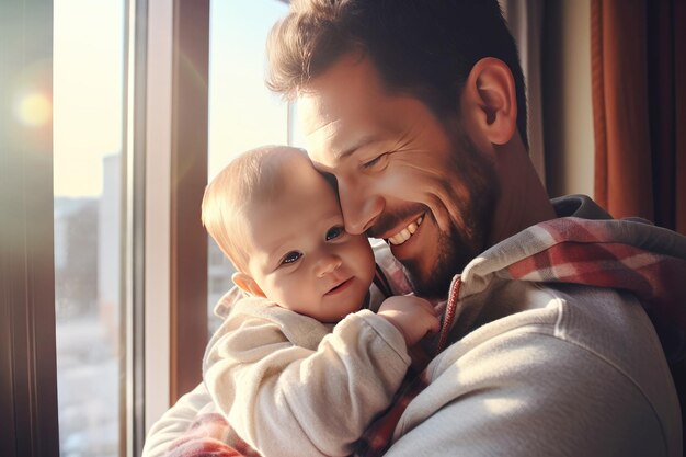 Family happiness dad and baby share love by the window