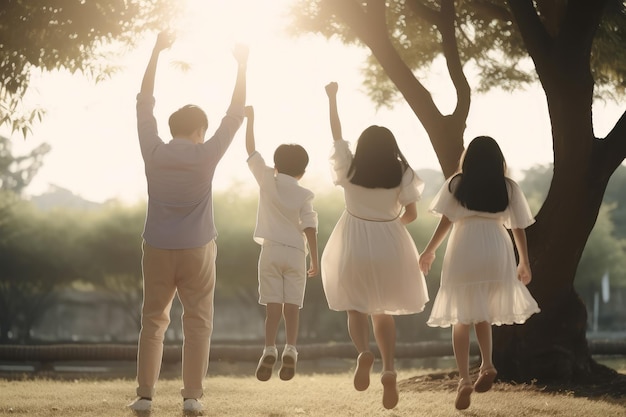 写真 公園で家族の幸せなジャンプ ai を生成します。