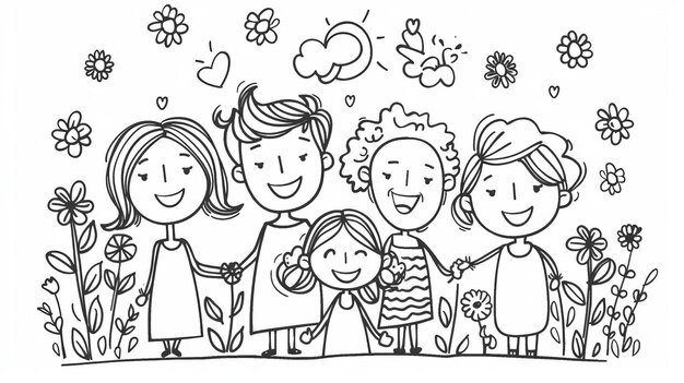 Photo family of happy parents mom and cute children with handdrawn style modern illustrations