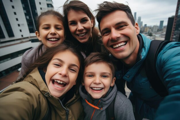 family happy and surprised expression city background