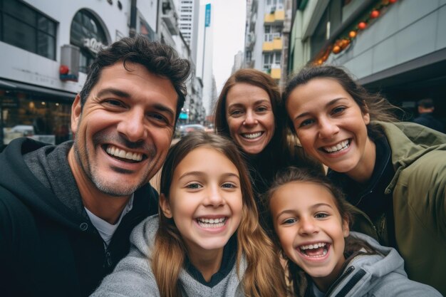 family happy and surprised expression city background