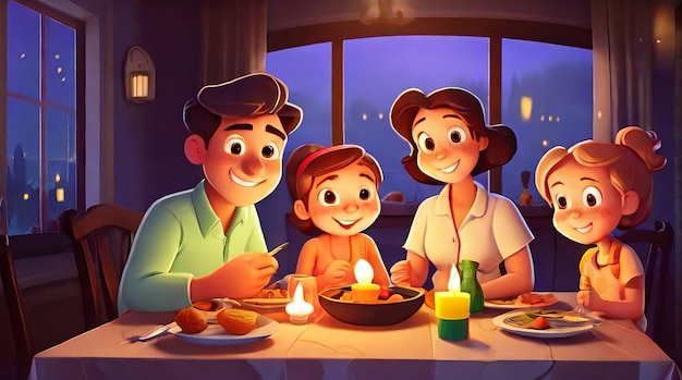 family having dinner at home by candlelight