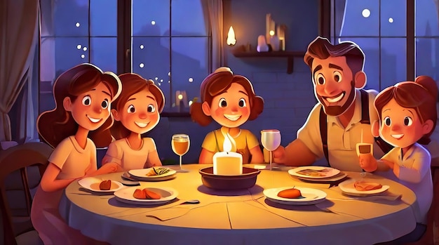 Photo family having dinner at home by candlelight