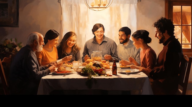 写真 テーブルで一緒に夕食を食べる家族