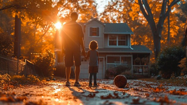 Photo family having a friendly basketball game in the driveway