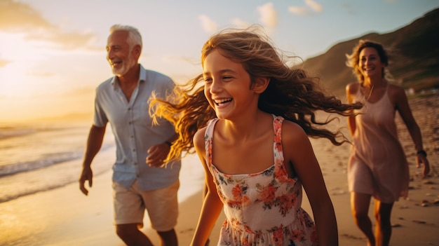 Family having fun happily on the beach