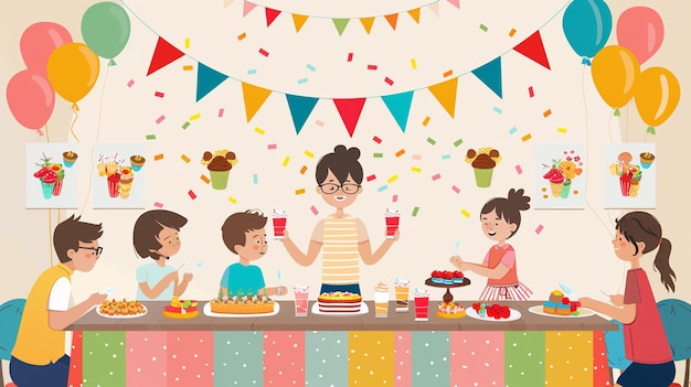 a family having a meal at a table with a banner that says quot kids quot