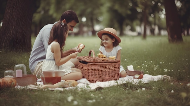 Family having a picnic in grass field love camping trip parents kids vacation Generative AI