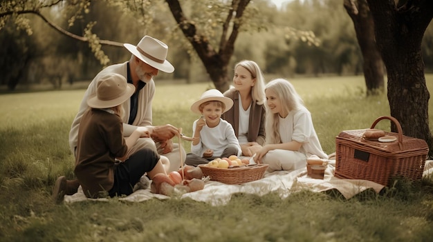 Family having a picnic in grass field love camping trip parents kids vacation Generative AI