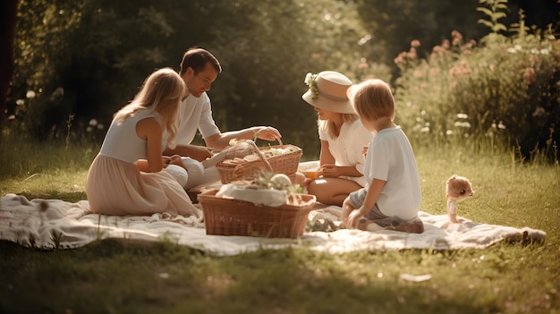 Family having a picnic in grass field love camping trip parents kids vacation Generative AI