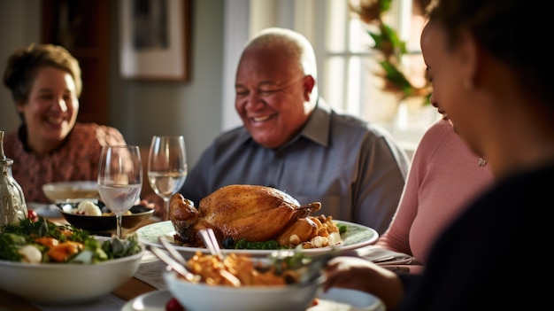 A family having Thanksgiving dinner together