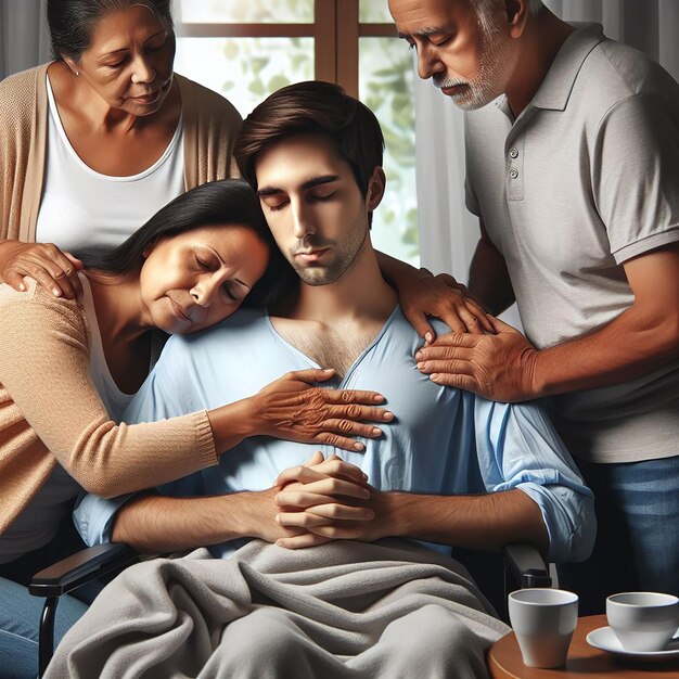 Family and Healthcare Professional Comforting Bald Patient Supportive Medical Encounter Emotional