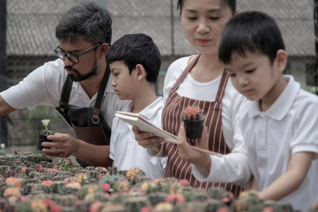 Foto l'aiuto della famiglia si prende cura del giardino dei cactus il concetto di vendita online