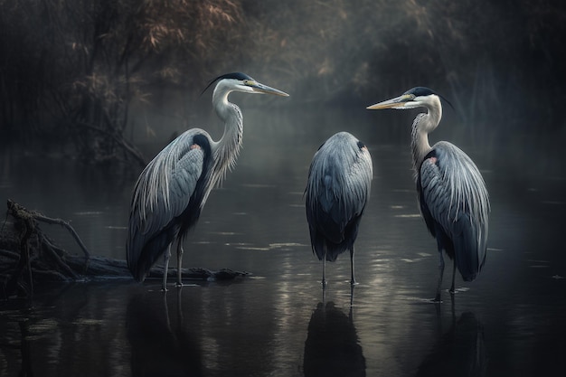 A family of herons stand tall in murky polluted waters Despite the harmful effects of pollution on their natural habitat these majestic birds have adapted and continue to thrive Generative AI