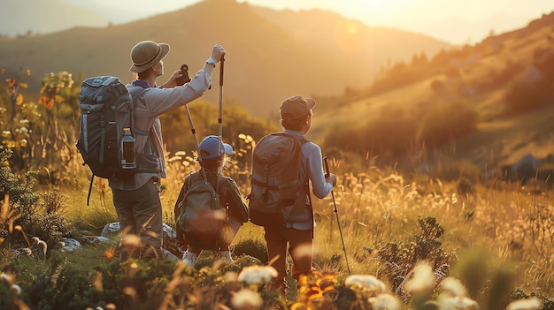 Photo family hiking in the mountains at sunset they are wearing backpacks and carrying hiking poles the sun is setting behind them