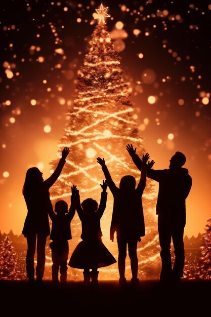 a family holding hands and rejoicing in front of a beautifully lit Christmas tree