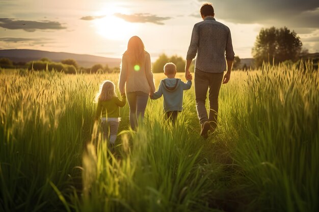 Foto famiglia che si tiene per mano in un campo contro un cielo blu