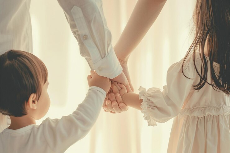 부드러운 복아 배경 에 손 을 잡고 있는 가족 의 감동적 인 생활 방식 의 초상화