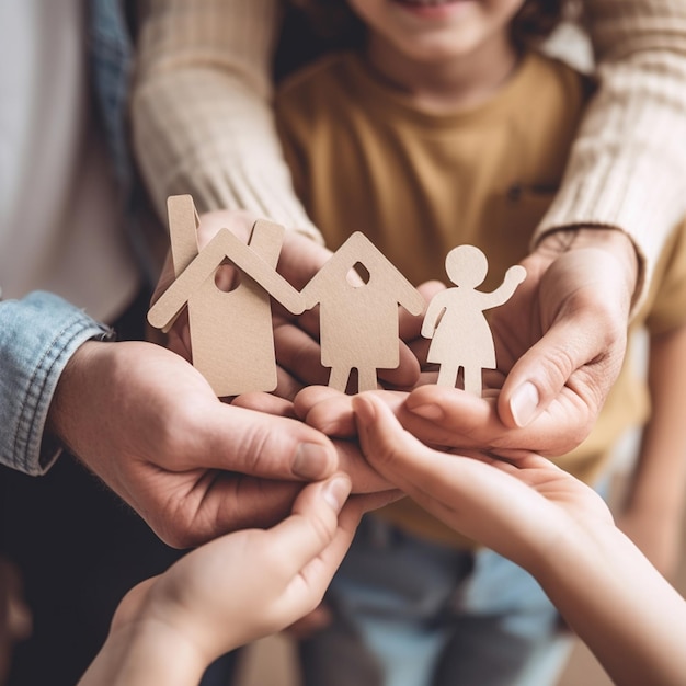 A family holds a house made of wood.