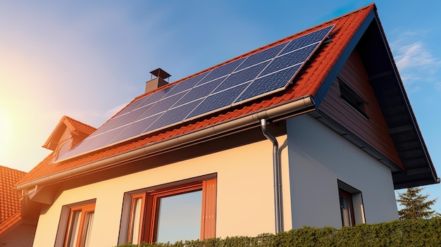 Фото Семейный дом с солнечными панелями и солнечной энергетической системой восхода солнца