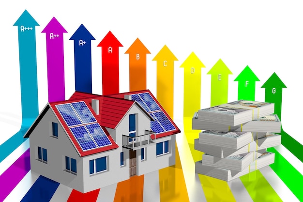 태양 전지 패널 돈과 효율성 차트 3D 일러스트와 함께 가족 집