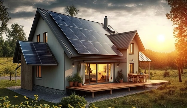 Family house with solar panels and sunrise solar energy system Sunset'