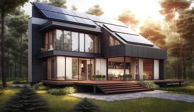 Family house with solar panels and sunrise solar energy system Sunset'