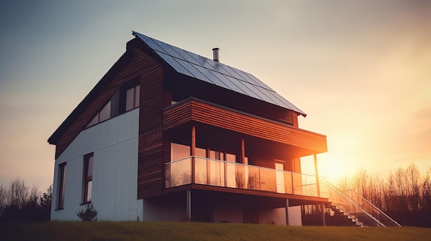 Family house with solar panels and sunrise solar energy system Sunset