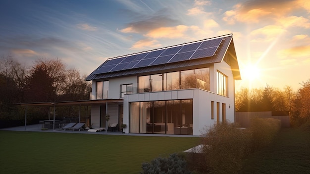 Family house with solar panels and sunrise solar energy system Sunset