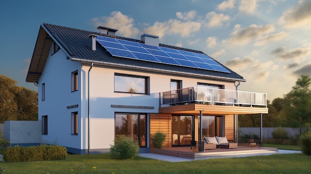 태양 전지판과 일출 태양 에너지 시스템을 갖춘 가족 주택 일몰