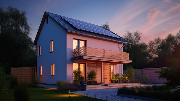 Family house with solar panels and sunrise solar energy system Sunset