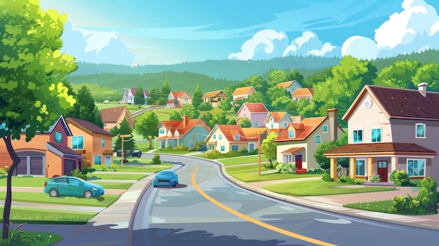 Family houses in row on country road cars on road against green hills cartoon modern suburb or village scenery with cottage buildings Countryside street with neighborhood homes