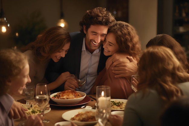 Family hugging around a dinner table