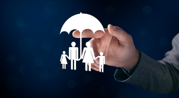 Family icon with umbrella Family protection Man tapping on the screen