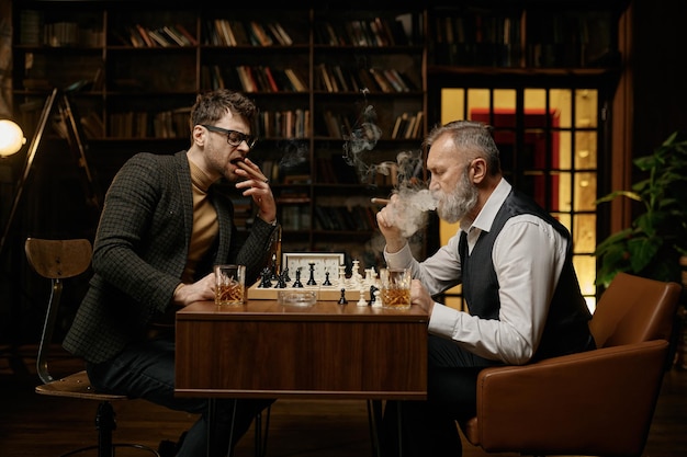 Family of intelligent people playing chess, smoking cigars and drinking whiskey. Senior and younger men sitting at table looking at chessboard.