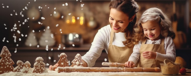 Family is baking with kids gingerbread in the kitchen christmas panorama Generative Ai