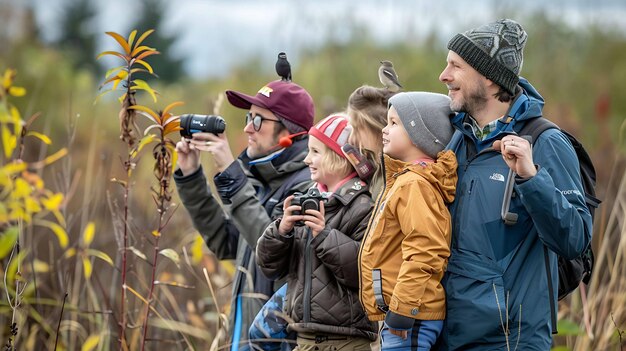 A family is birdwatching in a field They are all looking at a bird that is perched on a branch The father is holding a camera with a long lens