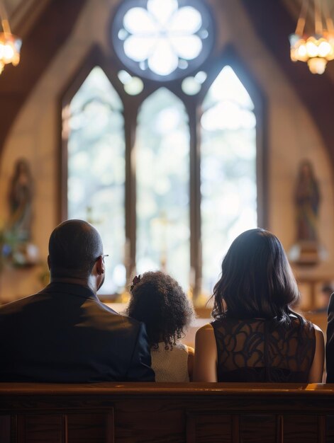 Foto una famiglia è catturata da dietro mentre sono seduti insieme in una chiesa osservando attentamente un culto