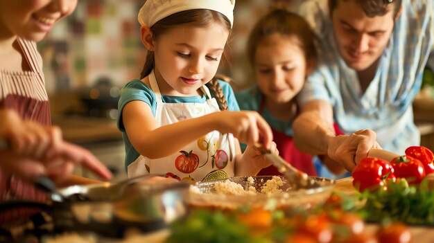 A family is cooking together in the kitchen They are all smiling and laughing and look like they are having a great time