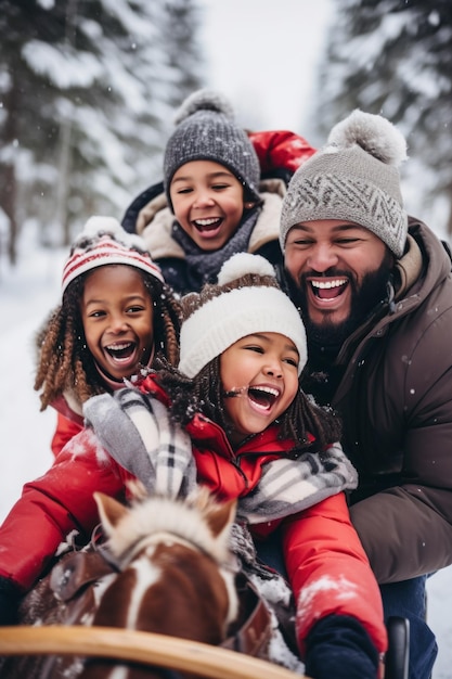 Photo a family is enjoying a sleigh ride through a snowy winter wonderland