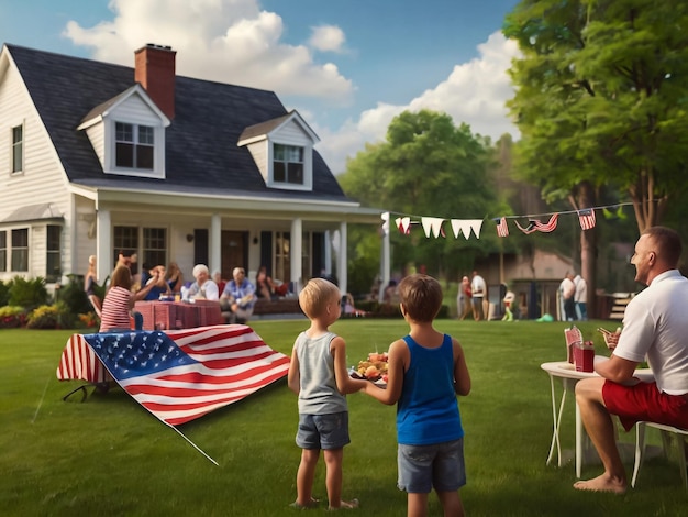 a family is gathered around a house with a flag and a flag