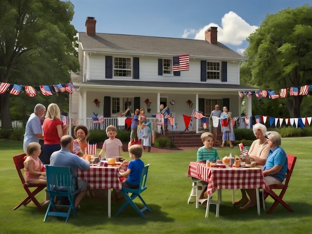 a family is gathered around a table with a flag and a flag