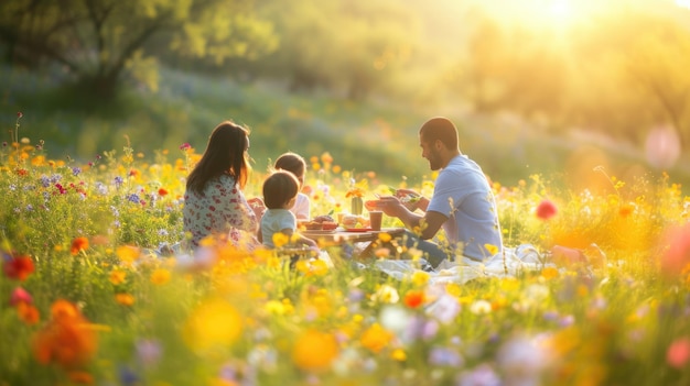 A family is having a picnic in a field of flowers AIG41