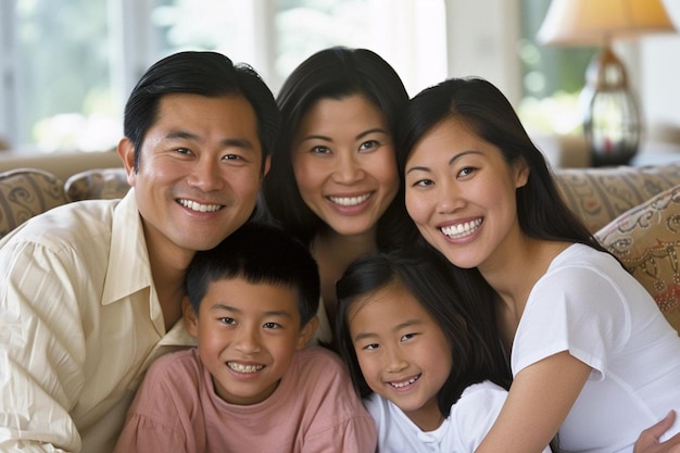 Una famiglia sta posando per una foto sul divano