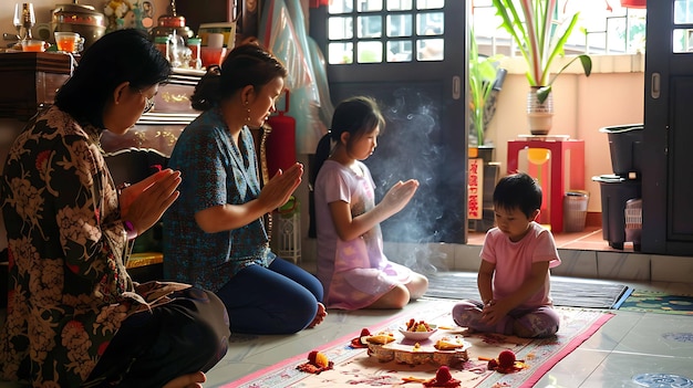 A family is praying in front of an altar The mother is holding a joss stick and the children are kneeling on the floor