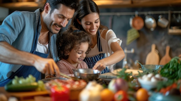 A family is preparing food together in a kitchen aig