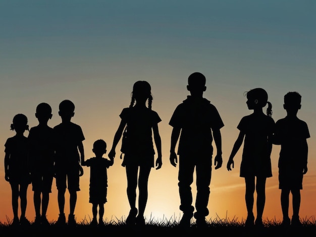 Photo a family is silhouetted against a sunset sky