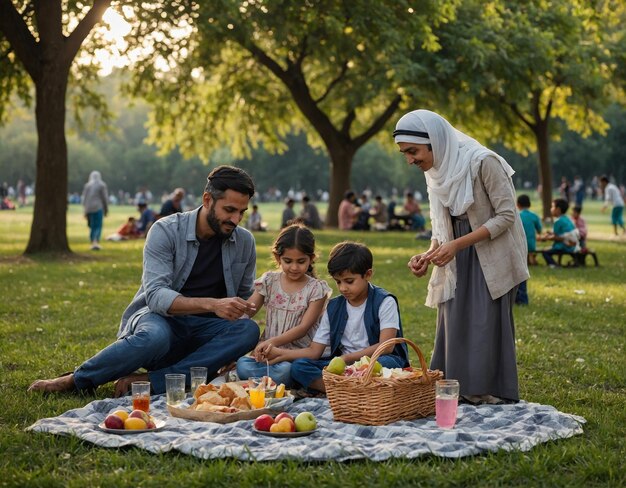 Photo a family is sitting on a blanket in a park with a basket of fruit and vegetables