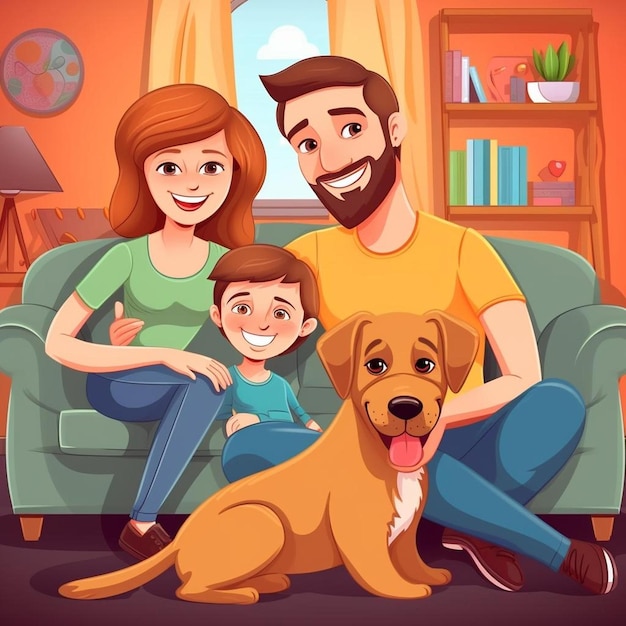 a family is sitting on the couch with a dog and the family is posing for a photo