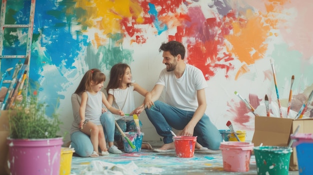 Photo a family is sitting on the floor in front of a colorful wall aig41